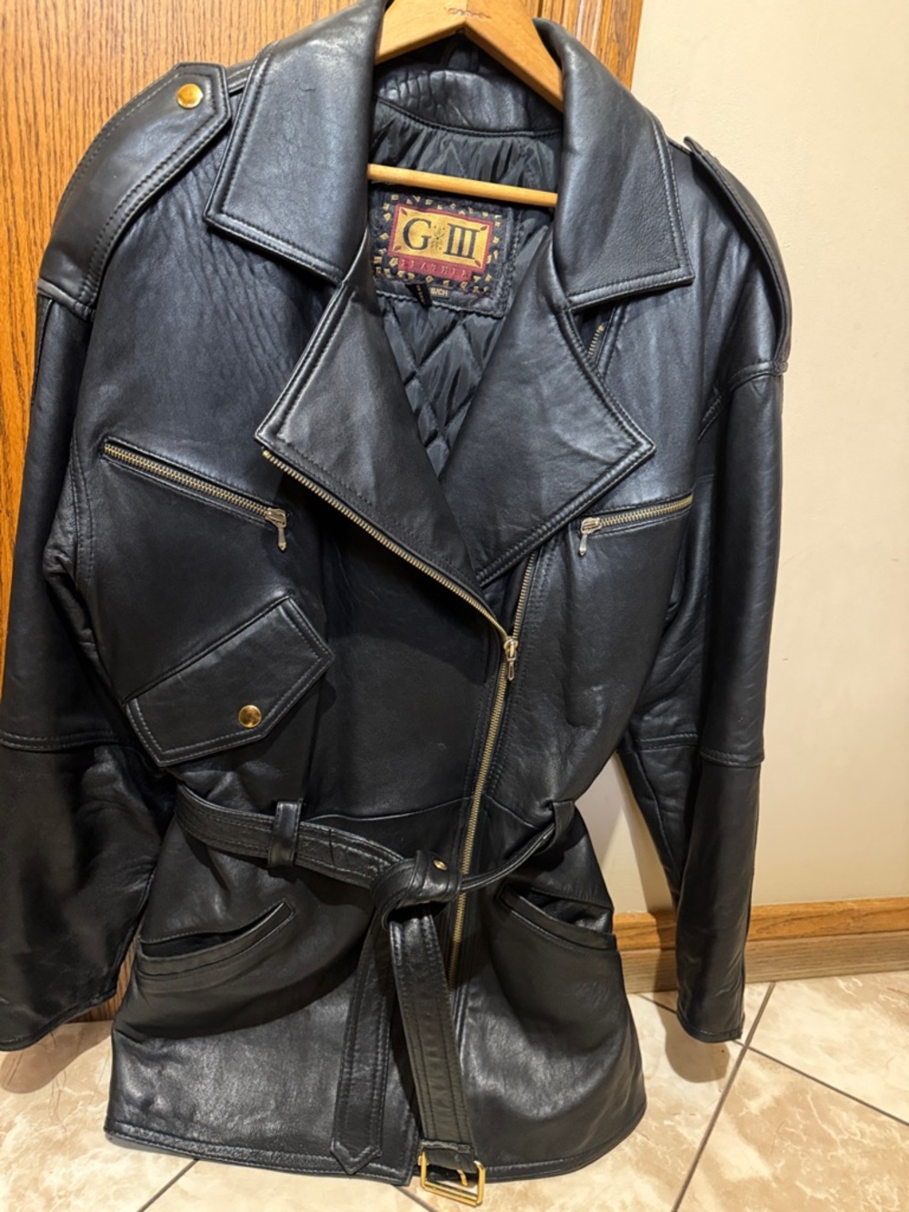 GIII Black Leather Belted Moto Jacket with Gold Hardware